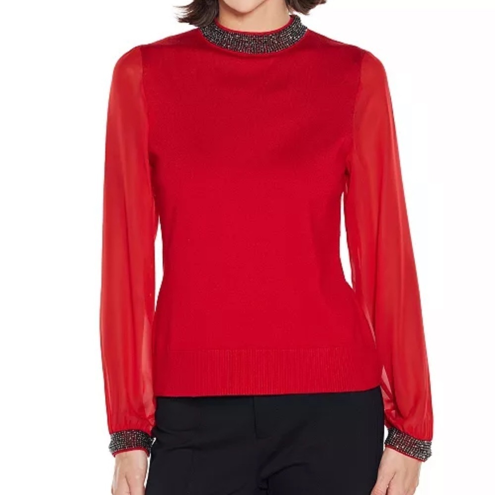 Belldini
Black Label Women’s Rhinestone-Neckline Chiffon-Sleeve Sweater